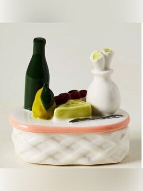 Stoneware Picnic Basket Trinket Box with Wine Cheese Fruit Accents Anthro
